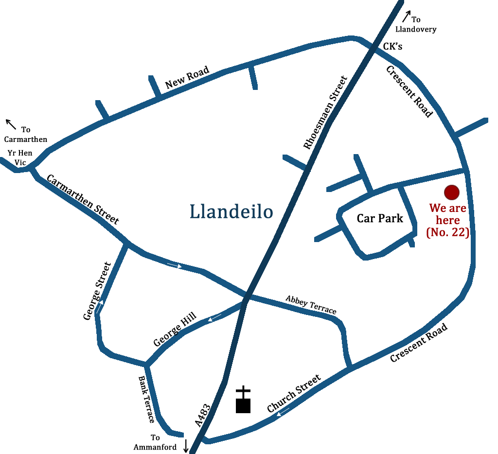 Map of Llandeilo showing location of dental surgery